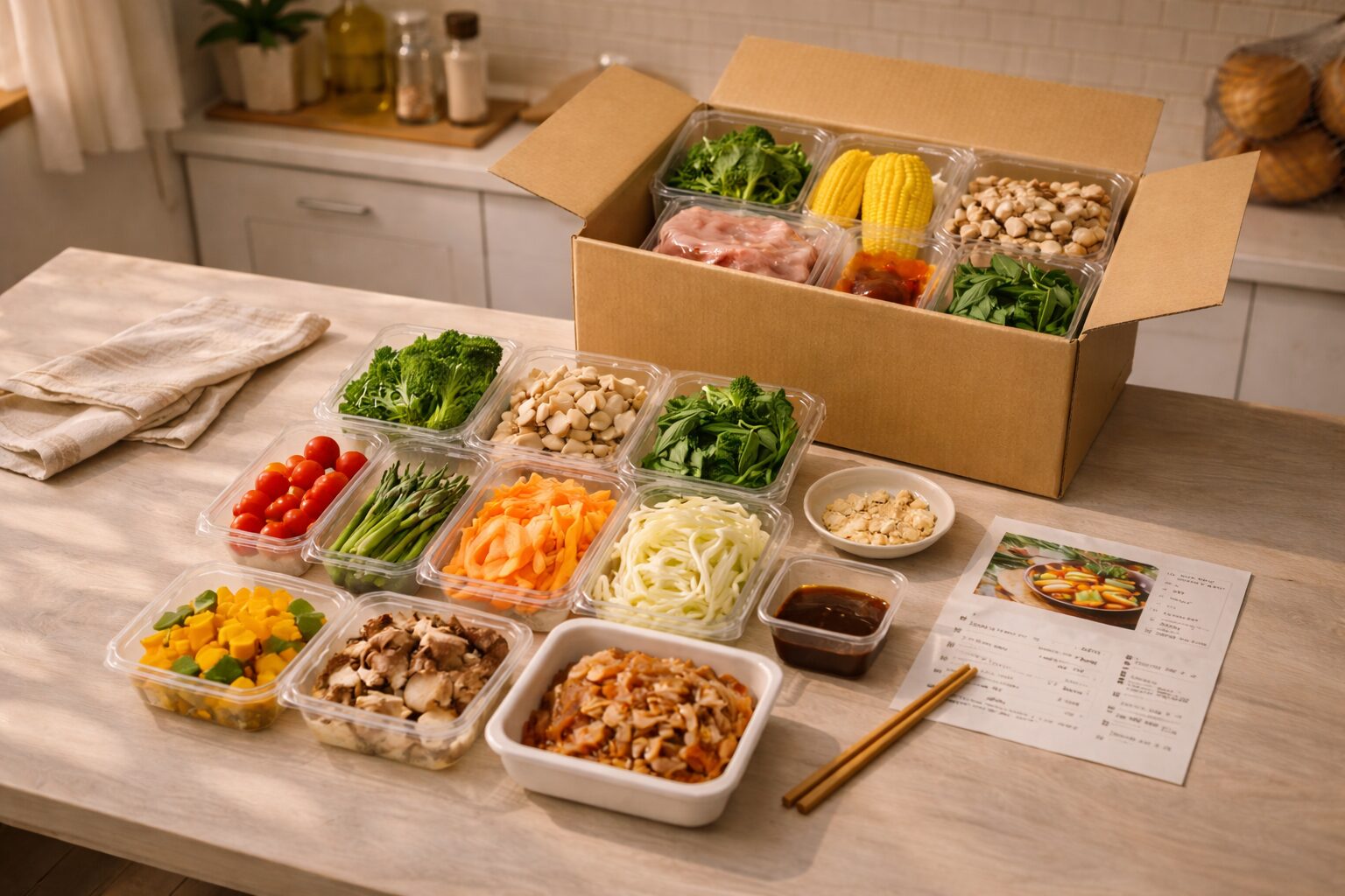 夕方のキッチンと食材セット