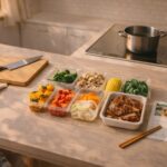 夕暮れ時のキッチンの準備