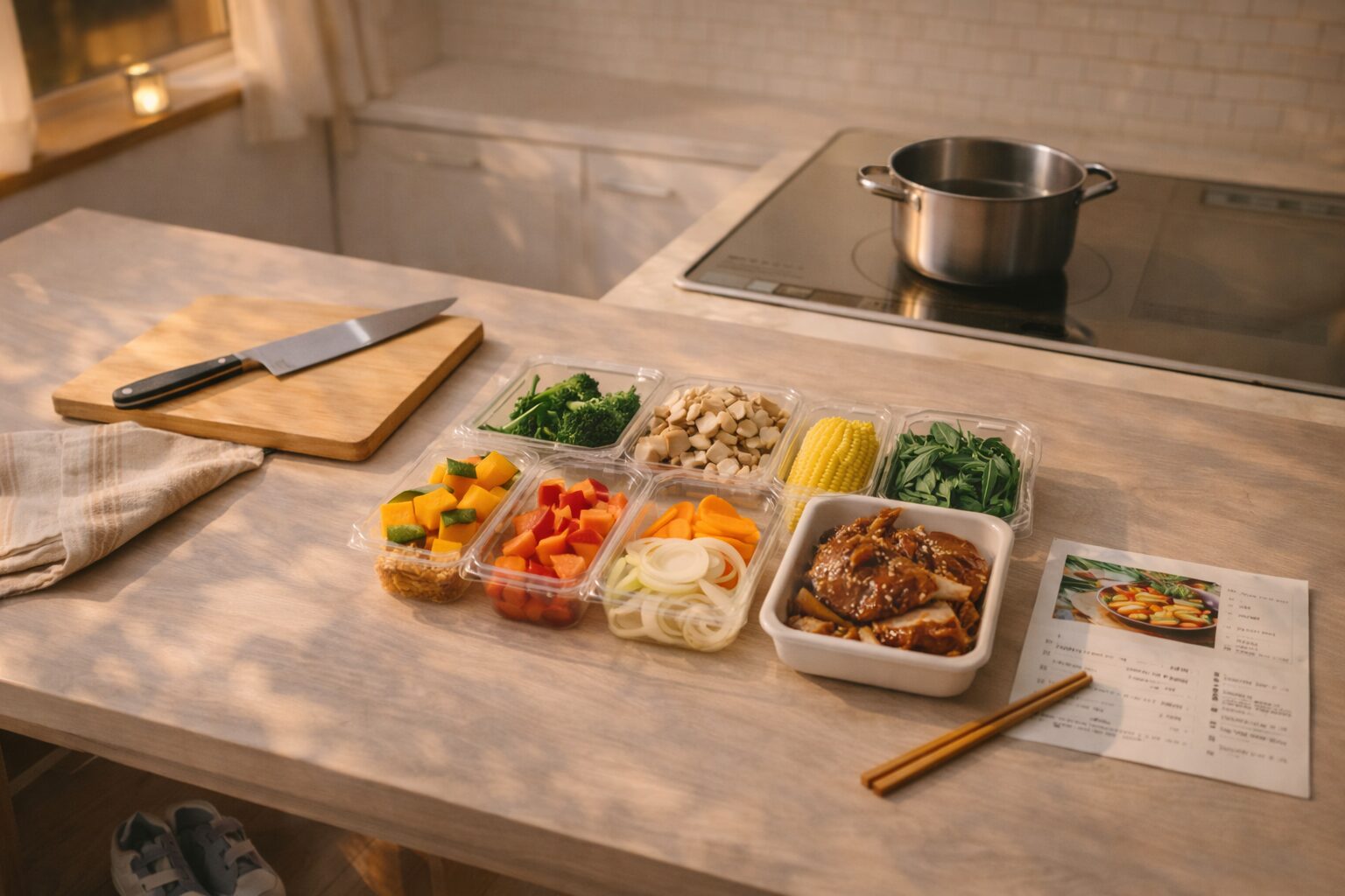 夕暮れ時のキッチンの準備